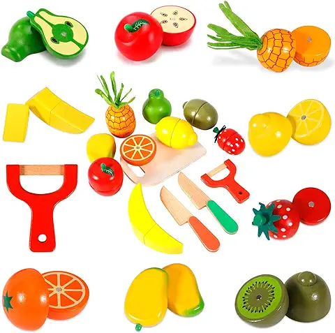 AOUVT Juguetes de Cocina de Madera para Niños, Juguetes de Frutas de Madera Magnéticos - Juguetes Educativos de Reconocimiento de Color para Niños y Niñas de 3 Años en Adelante Regalos de Juguetes  