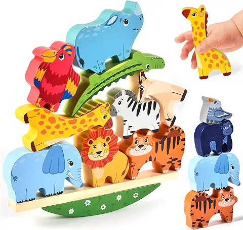 Atoylink Montessori Juegos de Apilamiento Juego de Equilibrio Apilable Animales Bloques de Construcción Juguete Madera Juguetes Educativos para Bebés Niños 2 3 4 5 Años  