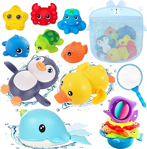 Chennyfun Conjunto Juguetes para Baño, 16 Piezas Baby Bath Toys Incluye Pingüinos, Patos, Ballenas, Pulpos, Estrellas de Mar y Otros Simpáticos Animales para Niños Pequeños de 1, 2, 3, 4, 5, 6 Años  