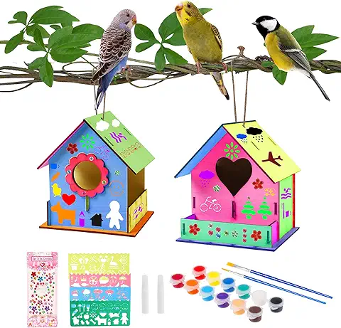 Colmanda 2 Pcs Casa de Pájaros para Pintar de Bricolaje, Kit de Casas de Pájaros de Madera DIY Casas de Pájaros Manualidades con Herramientas de Pintura Regalo para Niños  