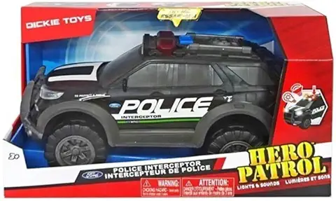 Dickie Toys 203306017 Ford Interceptor Police SUV como Coche de Juguete, 30 cm, con Rueda Libre, luz Intermitente y Sirena, para Niños a Partir de 3 Años, Negro/Gris  