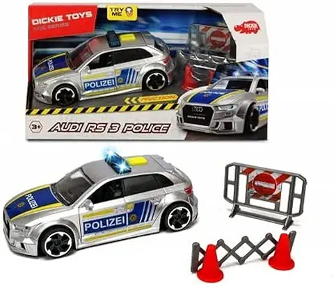 Dickie Toys Audi RS3 203713011 - Coche de Policía con Fricción, con Accesorios y Bloqueo de Carretera, luz y Sonido, Incluye Pilas, Escala 1:32, 15 cm, a Partir de 3 Años, Color Plateado y Azul  