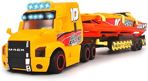 Dickie-Transportador de Alta Resistencia, Gran Camión con Remolque y Barco, con Efectos de luz y Sonido, para Niños a Partir de 3 Años (203747009)  
