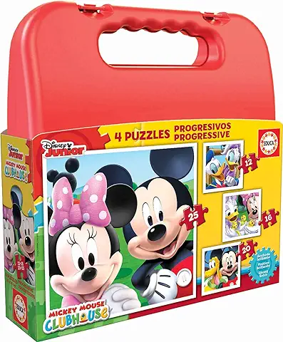 Educa - Maleta con Puzzles Progresivos Infantiles | Mickey Mouse | Maleta con 4 Puzzles Progresivos | Puzzle Recomendado a Partir de 3 4 y 5 Años (16505)  