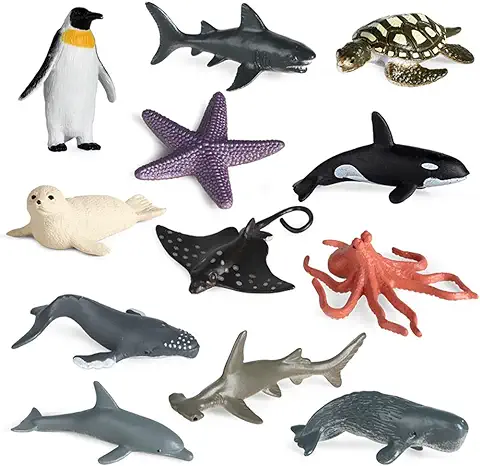 Figuras de Animales, 12 Unidades de Juguetes Marinos, Animales Marinos, Figuras de Juguete de Baño Realistas, Animales del mar de Tiburones, Pingüinos Ballena Animal Delfín Juguete  