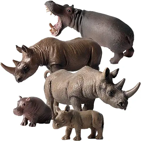 FLORMON Figuras de Animales 5 Piezas Realista Hipopótamo y Rinoceronte Modelo de Acción El Plastico Animal Salvaje Juguetes de Fiesta Favores Juguetes Educativos de la Granja Forestal Regalo para Niño  