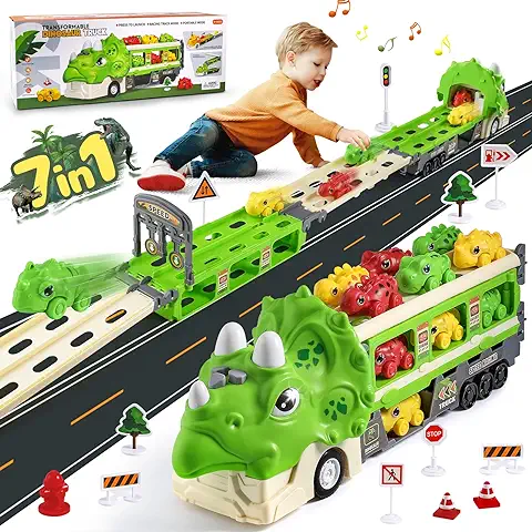 FRUSE Camión Transportador de Dinosaurios Juguetes,7 En 1 Coches de Juguetes con Luces y Sonidos, 6 Coches de Dinosaurios,12 Señales de Tráfico,Plegable Camiones Regalo para Niños 3 4 5 6 Años  