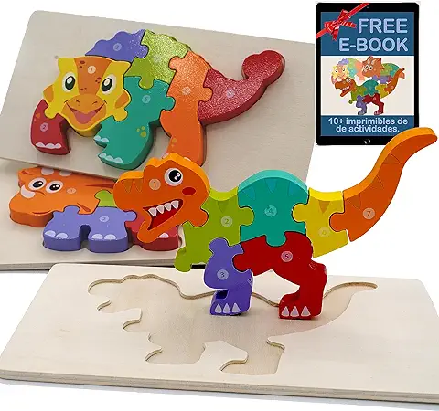 FUNTECH Pack de 3 Puzzle Dinosaurios de Madera para Niños de 3 4 5 Años, Puzzle Montessori y Juguetes Niños 3 Años, Juego Dinosaurios y Puzzle 4 Años, Rompecabezas Infantiles 3D, Regalo Niños y Niñas  