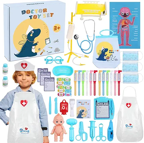 Gemeer Malette Doctor Niño – 43 Kit de Disfraz de Doctor Infantil, Juguete de Doctor, Papel de Juguete con Estetoscopio, Maletín Médico Regalo para Niño y Niña (Azul)  