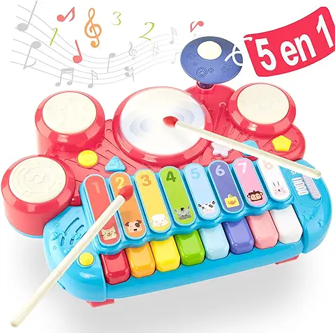 5 en 1 Piano Juguetes Niños 1 Año - Musical Juguetes con Luces y Sonidos, Tambor Platillo Piano y Xilófono Set Montessori Juguete Educativo Temprano para Niños 1 2 3 Años  