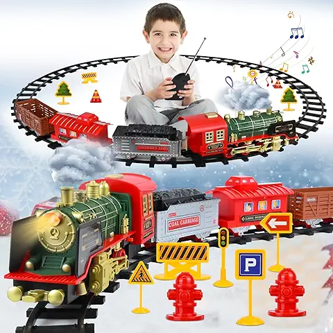 Hereneer Tren Juguete para Niños, Tren Electrico Locomotora de Vapor con Ahumado, Luces y Sonido, Juego de Tren Eléctrico Teledirigido Regalos para Niños, Clasico Tren Arbolde Navidad Electrico  