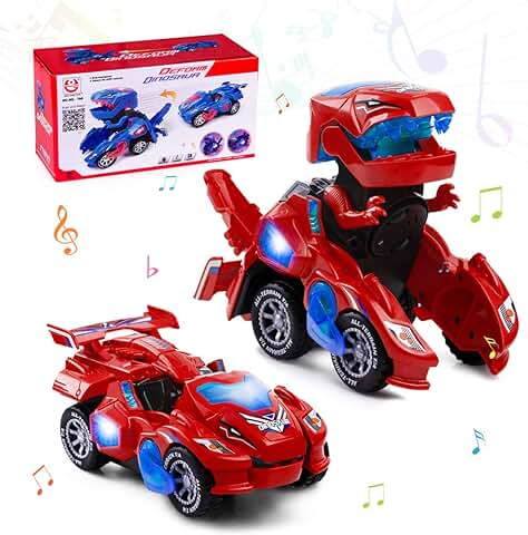 Highttoy Coche Eléctrico Transformable en Dinosaurio con Luces y Sonido, Regalo para Niños de 3 4 5 6 Años Rojo  