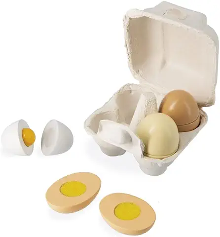 Janod - Huevera con 4 Huevos de Madera - Juguete de Imitación Cocina y Vajilla - 4 Sistemas de Apertura Distintos - Pintura al Agua - A Partir de 3 Años, J06593  