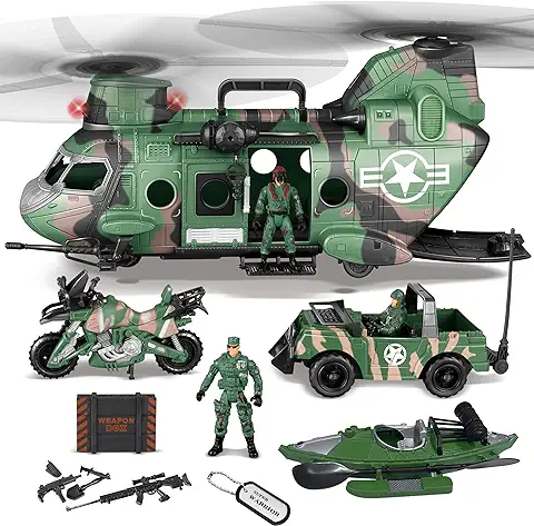 JOYIN 10 en 1 Juego de Juguete de Helicóptero de Transporte Militar Jumbo Incluyendo Helicóptero con luz y Sonido Realistas,Camión Militar, Barco de Kayak, Motocicletas, Figuras Militares  