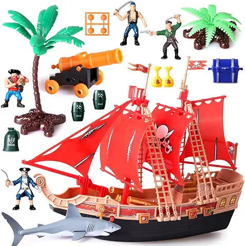 Juguetes de Aventura Barcos Piratas Infantiles con Muñecas de Acción de Plástico Máquinas de Juego Barcos Piratas con Tiburones,barcos,cañones,árboles y Otros Accesorios Regalos Educativos 3-8 Años  