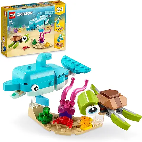 LEGO 31127 Creator Delfín y Tortuga, Animales Marinos de Juguete para Niños y Niñas de 6 Años, Set de Construcción de Figuras 3 en 1  