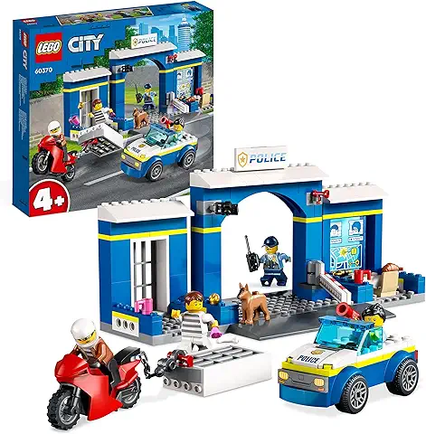 LEGO 60370 City Persecución en la Comisaría de Policía con Cárcel, Moto y Coche de Juguete, 4 Mini Figuras y Perro para Niños de 4 Años o Más  