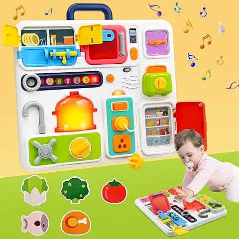 Montessori Juguetes Niños 1 Año Regalo de Cumpleaños, 10 en 1 Tablero Sensorial para Bebés para 1 2 3 Años de Edad, Niños de Viaje Educativo Accesorios de Cocina Juguetes con Luz Música  