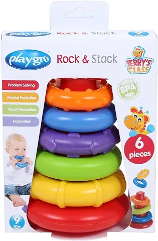 Playgro Ring Tower, Stacking Toy Pirámide Rock and Stack, Color Verde, Amarillo, Rojo, Lila, Naranja, 1 Unidad (Paquete de 1) (40082)  