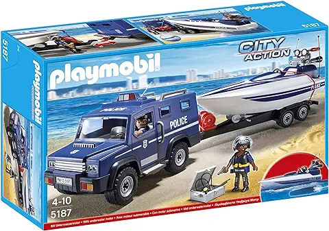 Playmobil Policía - Coche de Policía con Lancha Remolque (5187)  