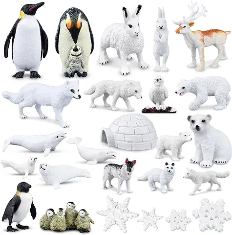 PLULON 25 Piezas Animales Invierno Figuras Juguetes Océano mar Animales Figuras Plástico Pingüino Oso Polar Sello Delfín Ciervo Copos Nieve Criatura ártica Figuras para Cumpleaños Decoración Navidad  