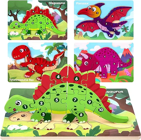 Puzzle de Madera 3D con Animales para Niños de 2-3-5 Años, Montessori Dinosaurio Preescolar Sensorial Juguetes de Aprendizaje, Juegos Educativos Regalos para Navidad y Cumpleaños (4 Piezas)  