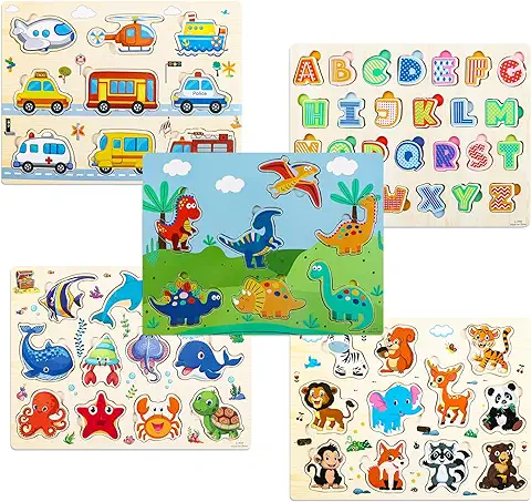 Puzzle Madera Infantil, ZEEREE 5 Pcs Puzzles de Madera de Animales para Niños Juguetes Montessori Rompecabeza de Madera Número Animal Juguetes Educativos para Bebes 1 2 3 4 Año  
