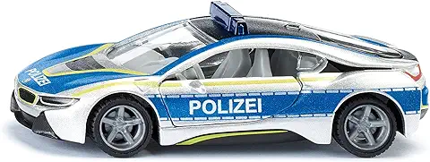Siku 2303, BMW i8 Coche de Policía, Metal/plástico, 1:50, Azul/plateado, Apertura de Puertas de ala de Gaviota, Ruedas Intercambiables, Neumáticos de goma  