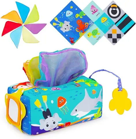 Sofore Juguete de Bebe Caja de Pañuelos, Juegos Montessori 6 Meses, Juguetes Sensoriales para Bebés con Juguete para Masticar y Espejo Juguete Sensorial Juegos para Bebé,Océano  