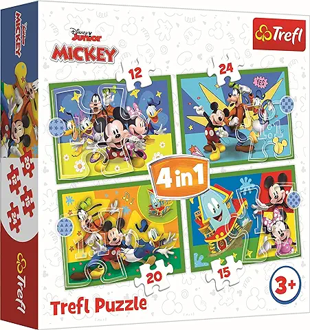 Trefl 4en1, 4, 12 a 24 Elementos Personajes Disney, Mickey Mouse y Amigos, Diferente Grado de Dificultad, para Niños a Partir de 3 Años Puzzle, Color (34616)  