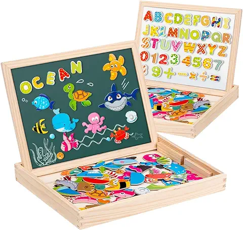Uping Puzzle de Madera Magnético Puzzle de 90 Piezas Número de 40 Piezas y Alfabeto Tablero de Dibujo de Doble Cara Magnético Juguete Educativo para Niños de 3 Años+  