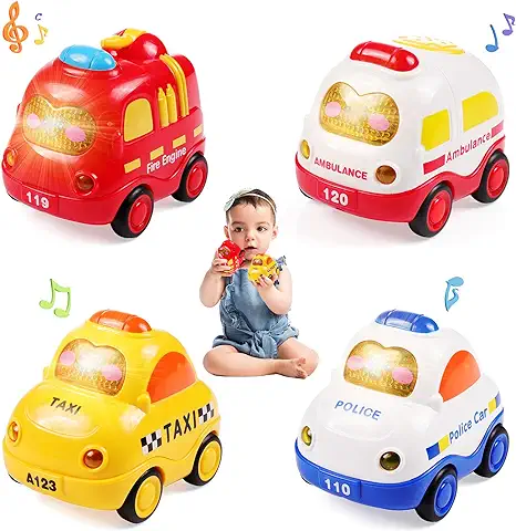 WolinTek 4PCS Coches de Juguete con Luces y Sonidos para Niños,uguetes de Coche Accionados por Fricción por Inercia,Camiones De Juguete Regalos para Bebés,Early Educational Vehicles  