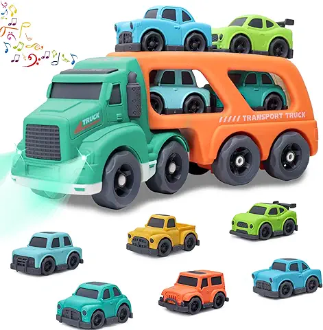 Yefun Camión de Juguete para Niños,Transportador de Coches 7 en 1 con Sonidos y Luces,Vehículos de Juguete Hecho de Material de Paja de Trigo,Regalo para Niños de 1, 2, 3, 4,5  