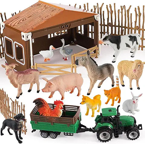 BUYGER Figuras de Animales de Granja Juguetes con Granero, Valla de Ensamblaje y Camiones de Transporte, Realistas Juguetes de Animales Conjunto para Niño Niña  