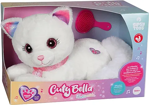 Gipsy Toys Cuty Bella Fashionista - Peluche Interactivo Gato Cuty Bella Fashionista - Todo Dulce Que se Ilumina con el Ritmo de Bonitas Melodías - 30 cm - Blanco Rosa  