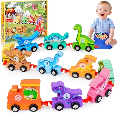HappyKidsClub Trenes/Coches de Dinosaurios de Madera, Juguetes Montessori, Juegos Educativos Regalo para Niños 1 a 4 Años  