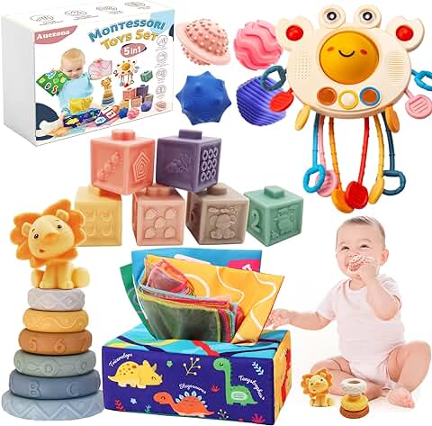 Juguetes Sensoriales Educativos Montessori, 5 en 1, Bloques Apilables, Caja de Pañuelos, Regalo para Bebes y Niños de 6 Meses a 3 Años  