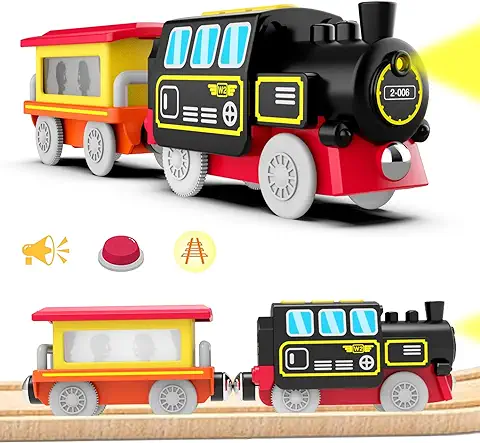 LiRiQi Tren Eléctrico de Juguete, Tren Locomotora de Acción con Pilas, Juguete de riel de Locomotora de Ferrocarril Magnético, Tren de Motor Compatible con Vías de Madera, Juguete para Niños Niñas  
