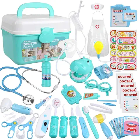 Anpro 46 pcs Maletin de Doctor y Enfermera, Juegos de Roles para Niños, Kit de Dentista con Estetoscopio y Abrigo, Regalo para Fiestas, Cumpleaños, Navidad,  