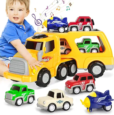 Aoskie Camion Transportador de Coches para Niños, 5 in 1 Coches Juguete con Sonido y Luces Regalo para Niños Bebe 1 2 3 4 Años  