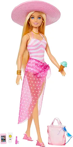 Barbie Día en la Playa Muñeca de Juguete Hecha de Plásticos Reciclados, +3 Años (Mattel HPL73)  