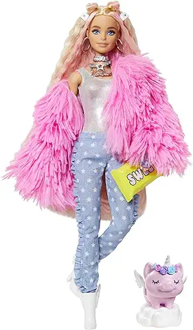 Barbie Extra, Muñeca con pelo Rosado, Chaqueta Rosada Incluye Mascota y Accesorios (Mattel GRN28)  