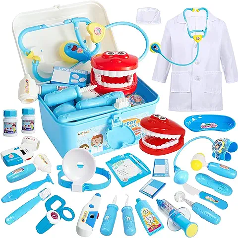 BUYGER 3 en 1 Kit Medico Infantil, Maletin Medico Juguete para Ninos 3 Años, Kit Dentista Doctora Enfermera Disfraz Accesorios Niñas Ninos (Azul)  