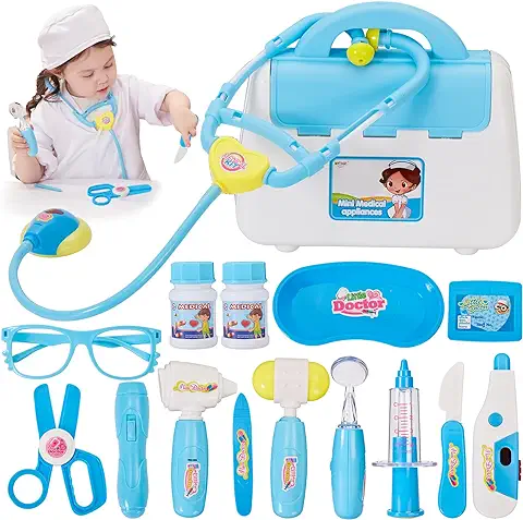 BUYGER Kit Medicos para Niños Niña 3 4 5 Años, Maletin Medico con Real Estetoscopio, Kit de Doctora Enfermera Juguete Regalo para Niños (Azul)  