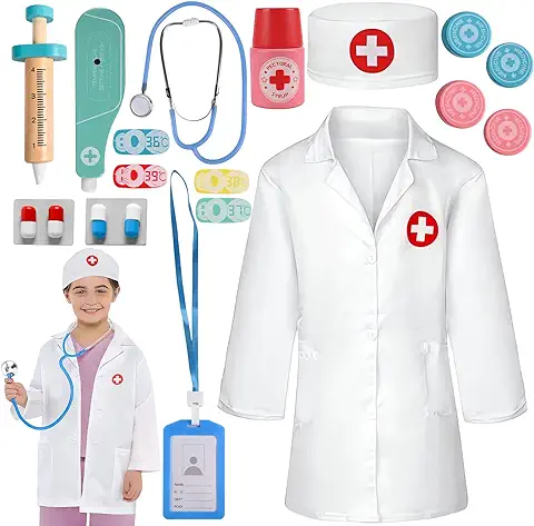 Comius Sharp Maletin Medicos Juguete, Medico De Madera Pretender Playset - con Estetoscopio Real, Traje De MéDico, Divertido Regalo Cosplay para Navidad, DíA del NiñO, CumpleañOs, Edad 3+  