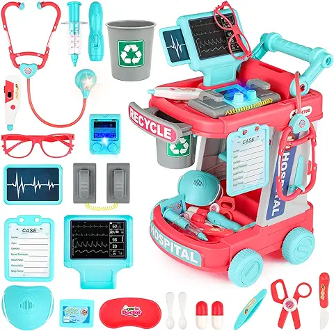 DeAO Kids Doctor Kit, 20PCS Doctor Role Play Set con Carrito Móvil y Estetoscopio, Juego Médico Educativo Juguetes para Niños y Niñas Gift 3+  