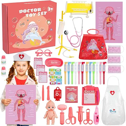 Gemeer Maletin Doctora Juguetes, Maletin Medicos Juguete, 44Pcs Fonendoscopio Juguete Disfraz Kit Doctor Accesorios Juego de rol Regalos para Niñas Ninos Edades 3+ (Coral)  