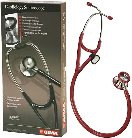 Gima - Estetoscopio Clásico de Cardiología con Cabezal de Acero Inoxidable, Campana en Forma de cono para Bajas Frecuencias, Membrana de alta Sensibilidad para Amplificar Sonidos, Lira Bordeaux, 32551  