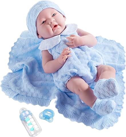 JC TOYS- Muñeca La Newborn Recién Nacida de 38 cm es de Vinilo Suave, con Ropa de Punto y Accesorios, Azul, Está Fabricada en España y Diseñada por Berenguer, Edad + 2años  