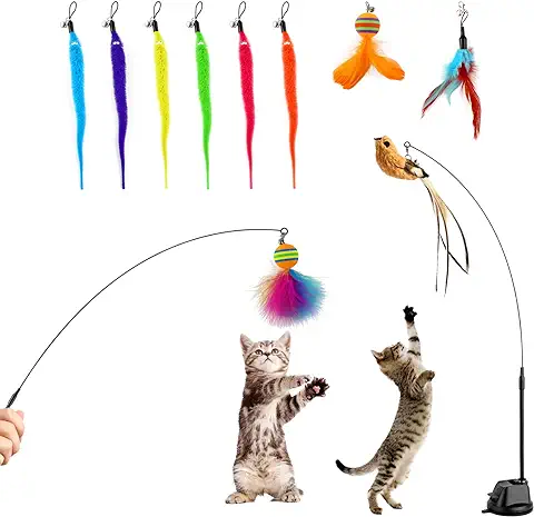 JOPHEK Juguetes para Gatos,Cat Toys Juguete para Gato Lechón con Colgante de Cascabel, Pluma, Pájaro, Oruga (12P)  